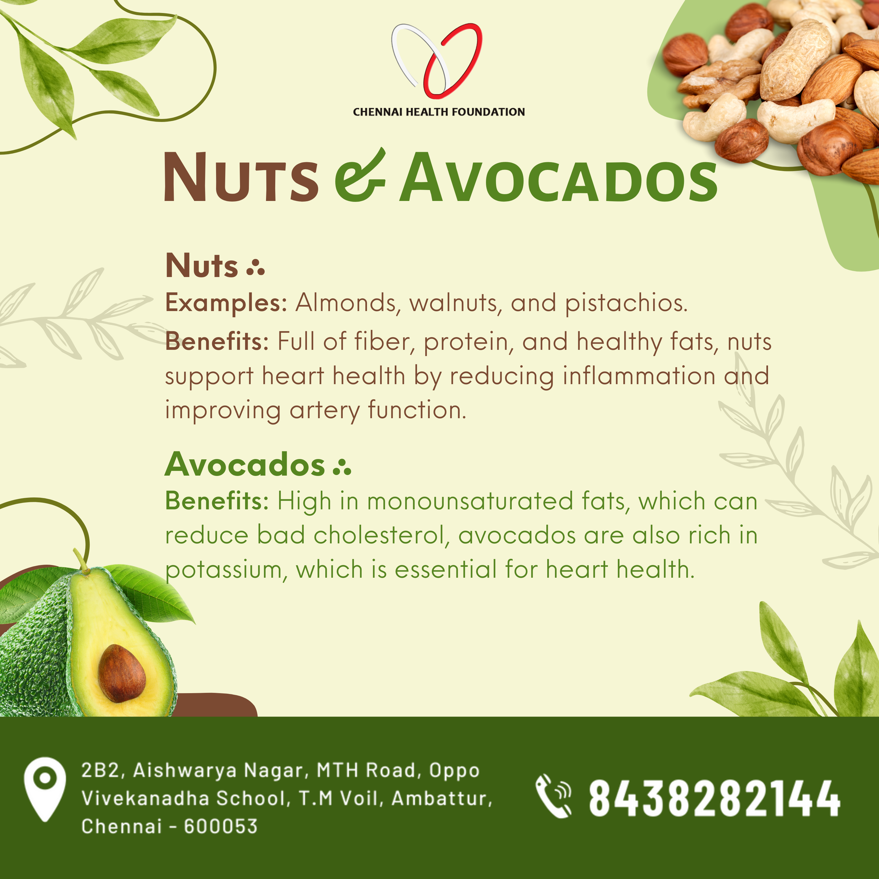 Healthy snack, crunchy nuts, and creamy avocados
