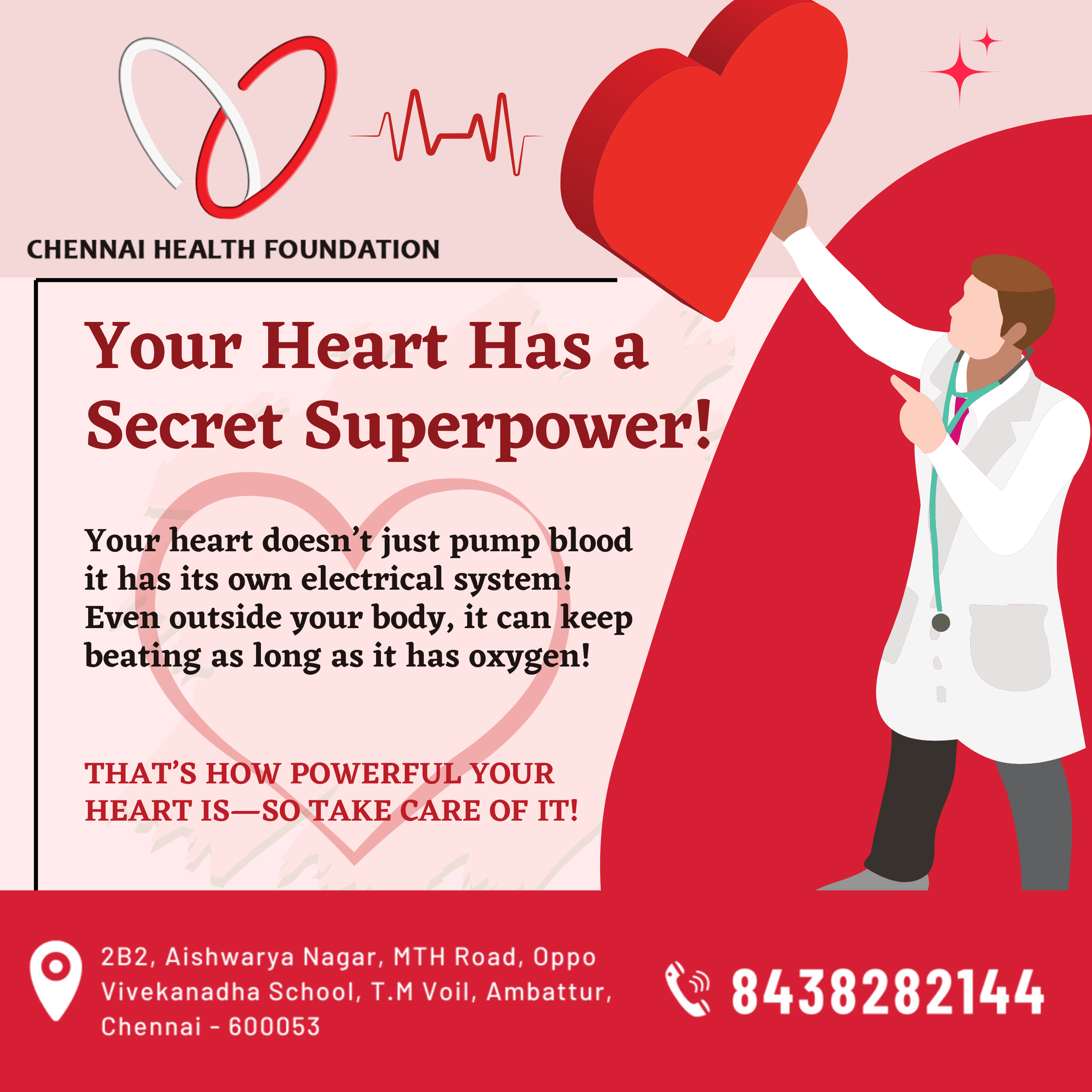 Your heart beats over 100,000 times a day! That’s your built-in engine, working 24/7 to keep you going. Give it the love it deserves—move more, eat smart, and stress less!
